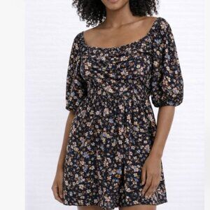 $68 AUW Women's Floral Smocked Dress Cottagecore Puff Sleeve Boho Navy XL Fairy